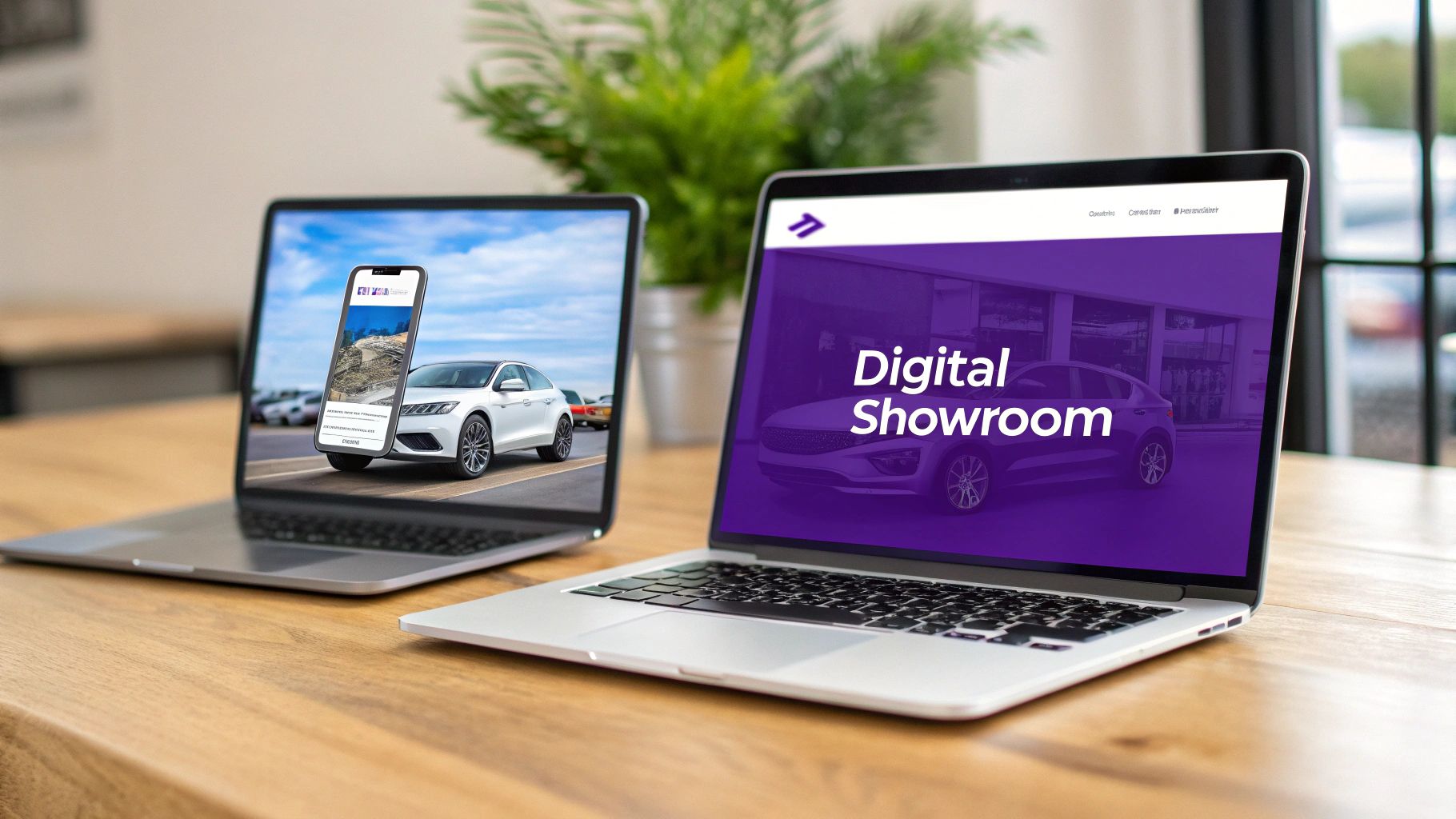 Two laptops on a wooden desk displaying digital car showrooms and mobile car listings.