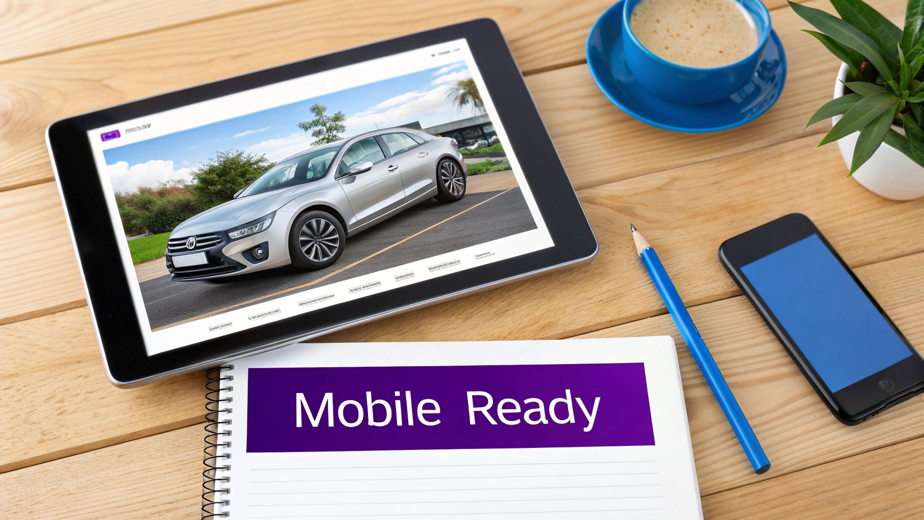 A tablet displays a silver car, next to a notepad labeled 'Mobile Ready', a smartphone, and coffee.