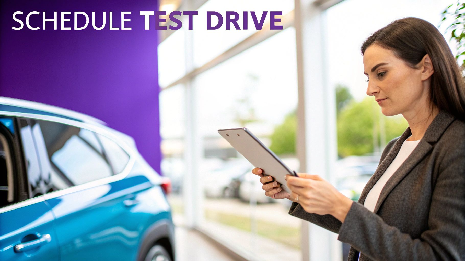 A woman in a car dealership holding a clipboard, with a blue car and 'SCHEDULE TEST DRIVE' text.