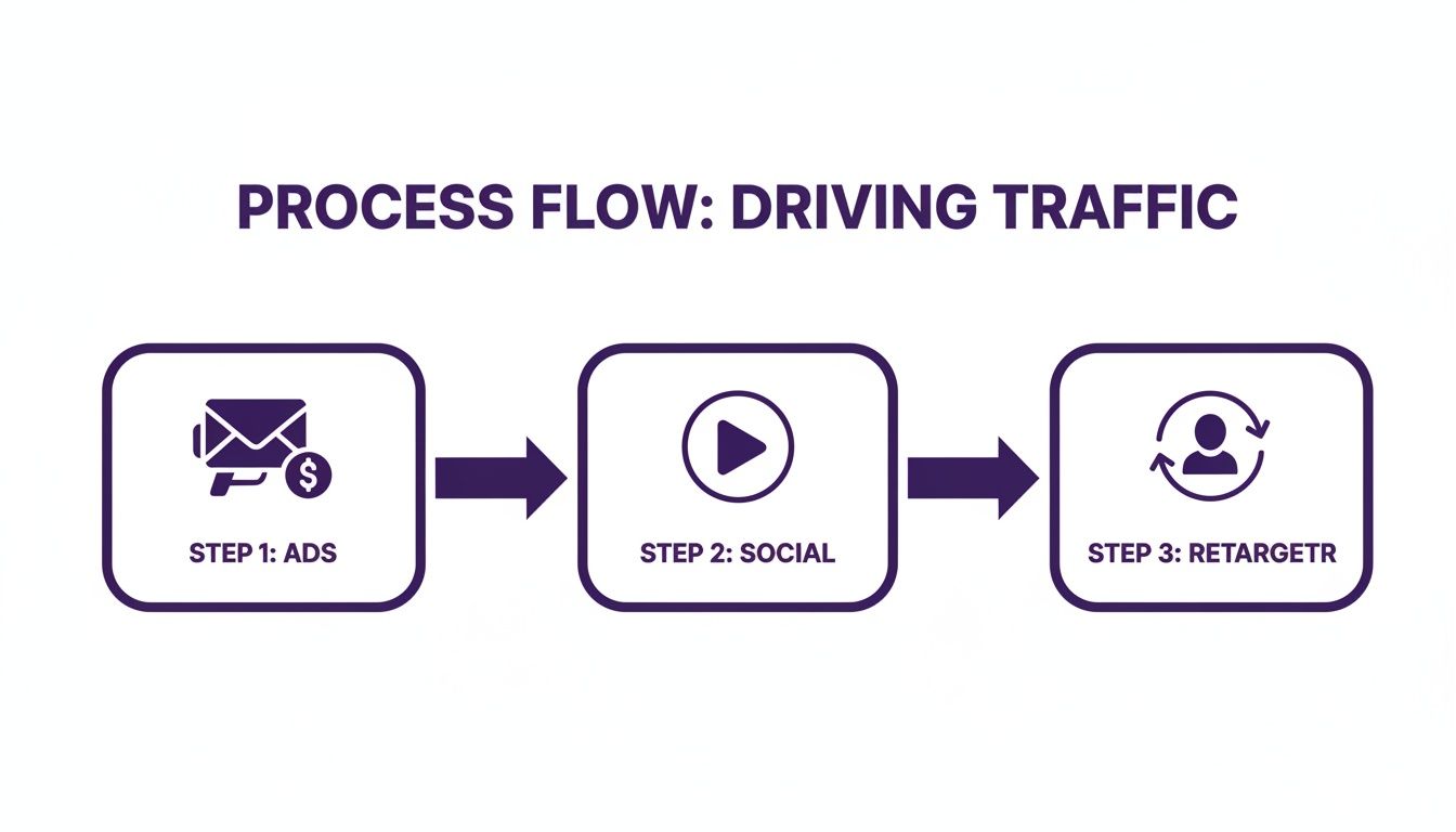 Process flow diagram illustrating three steps for driving traffic: ads, social media, and retargeting.