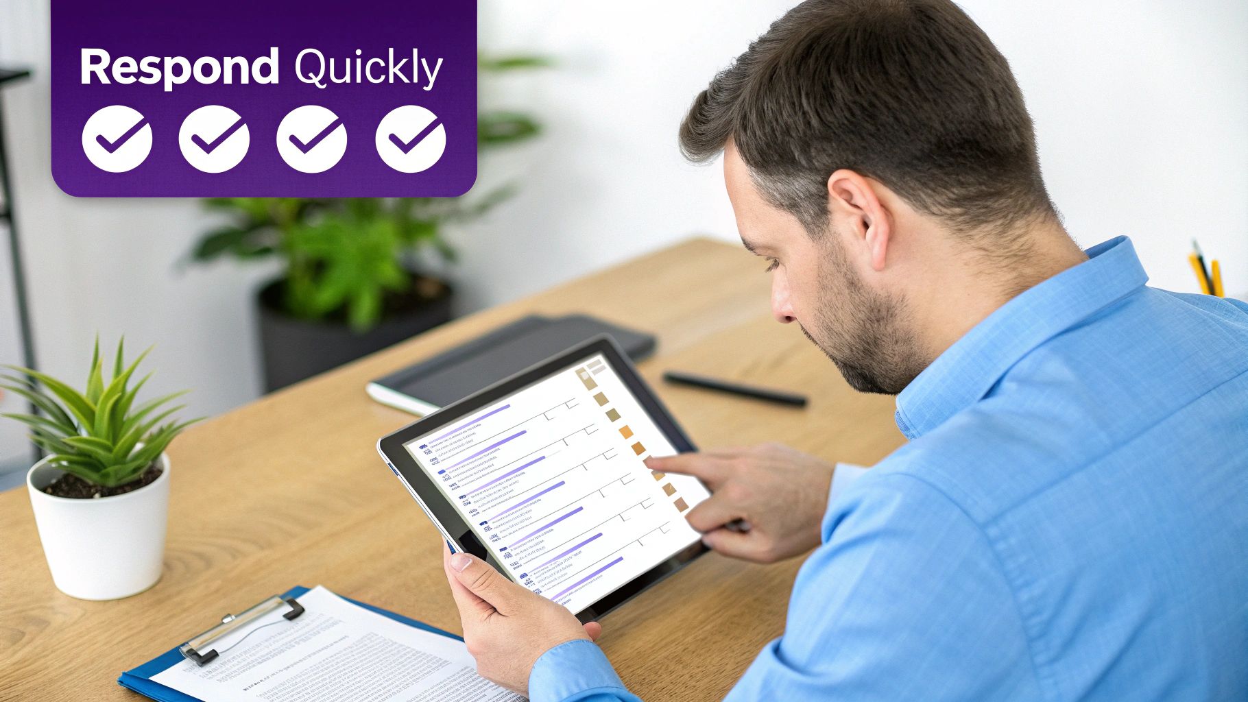 Man in blue shirt uses a tablet at a desk with a plant, showing 'Respond Quickly' text.