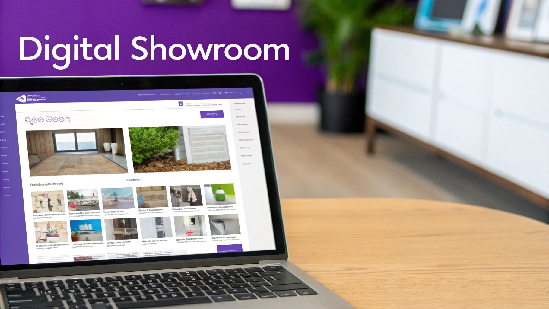 A laptop displays a 'Digital Showroom' website featuring various property and interior design images.