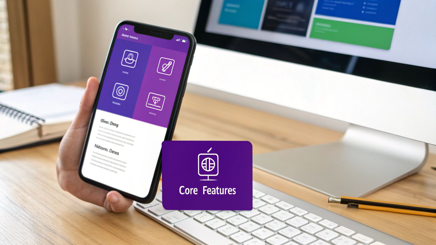 A hand holding a smartphone displaying a purple app with icons, next to a computer and keyboard, highlighting core features.