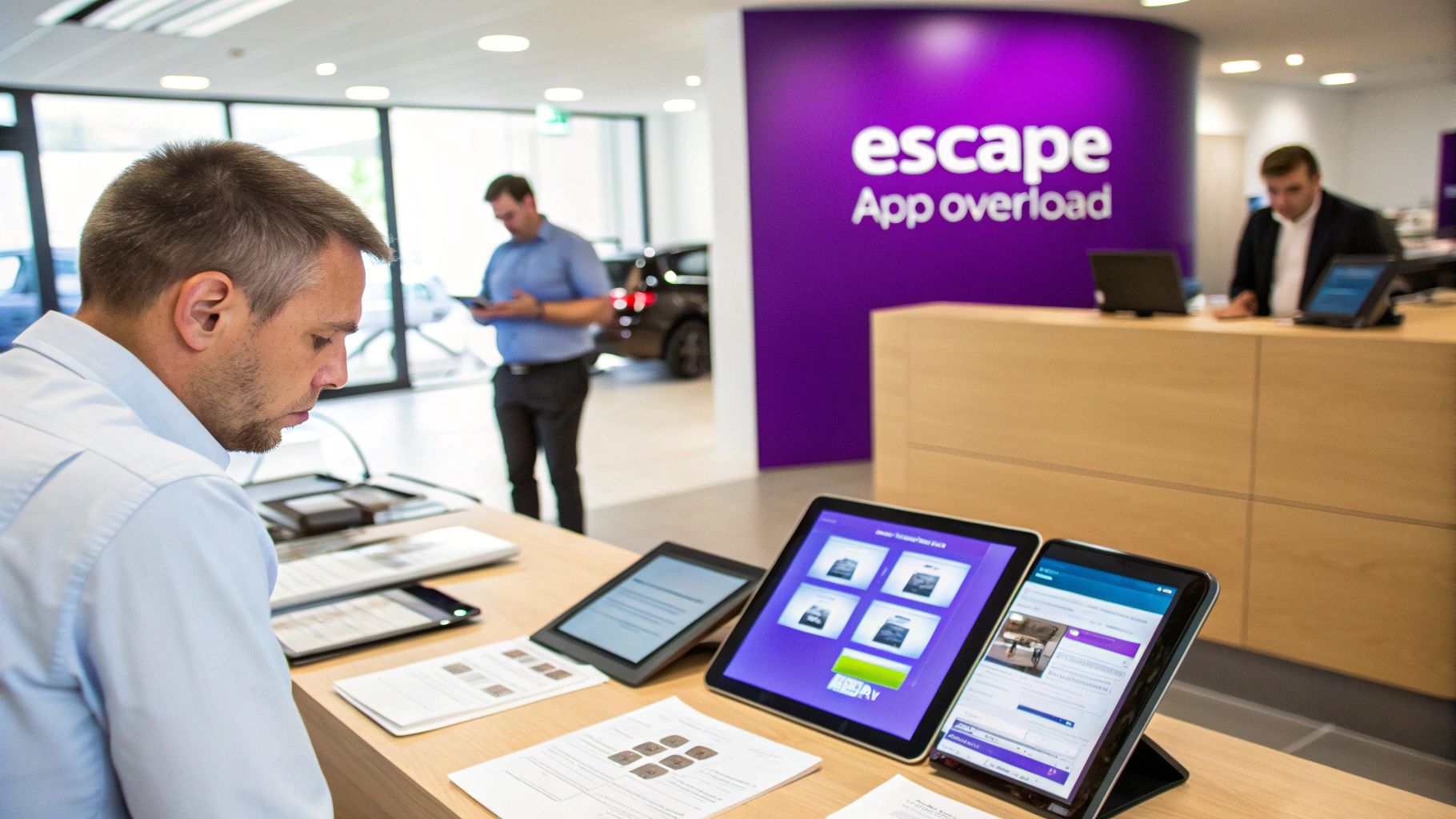A man views multiple tablets showcasing car dealer apps in a modern showroom environment.