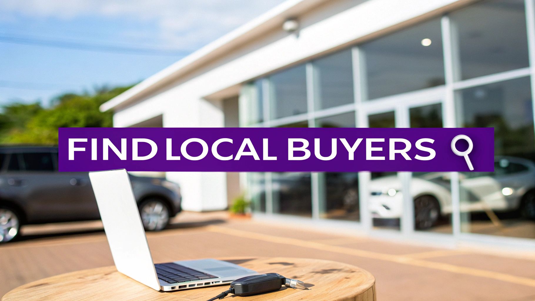 Laptop and car key on a table in front of a car dealership, with 'FIND LOCAL BUYERS' banner.
