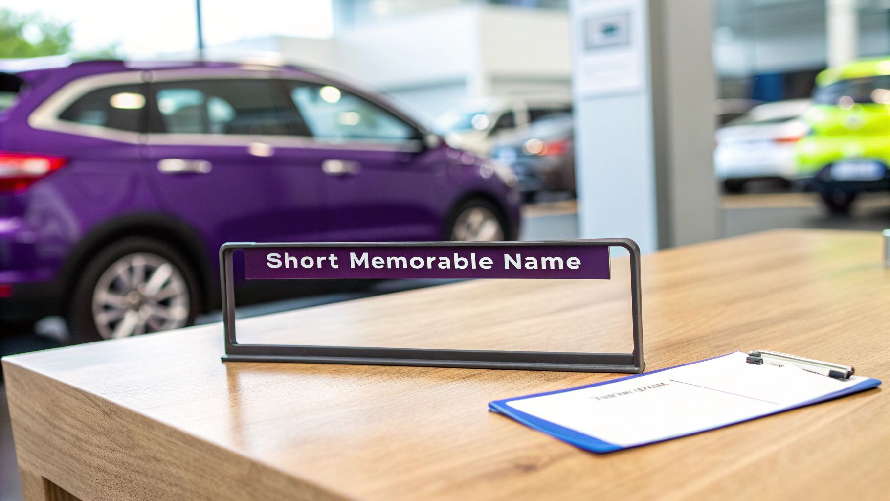A wooden desk in a car dealership with a 'Short Memorable Name' sign and a clipboard.