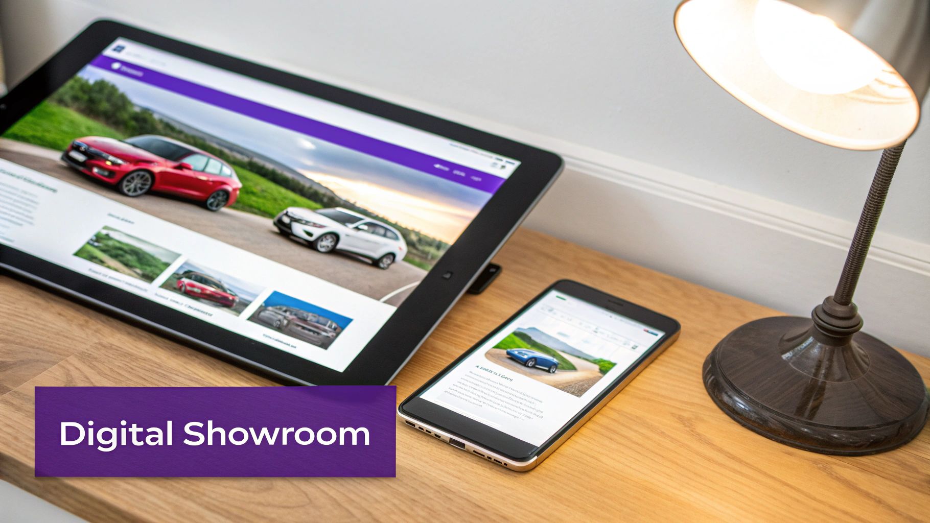 Digital car showroom website displayed on a tablet and smartphone on a wooden desk, showcasing various car models.
