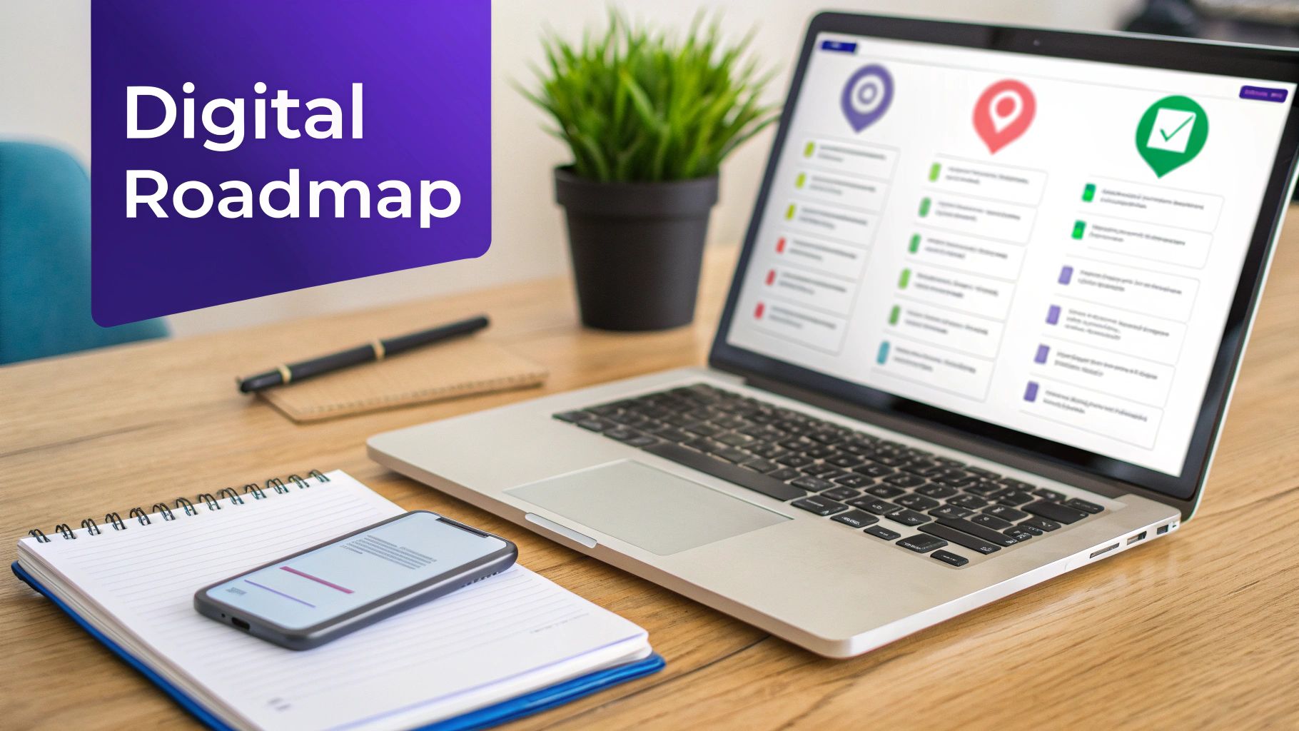 Digital roadmap displayed on a laptop screen on a wooden desk with a smartphone and notebook.