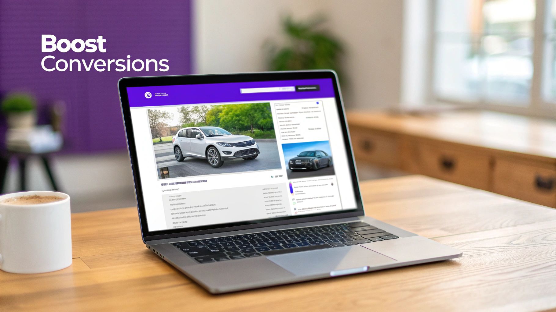 Laptop displaying car sales website to boost conversions on a wooden desk with coffee.
