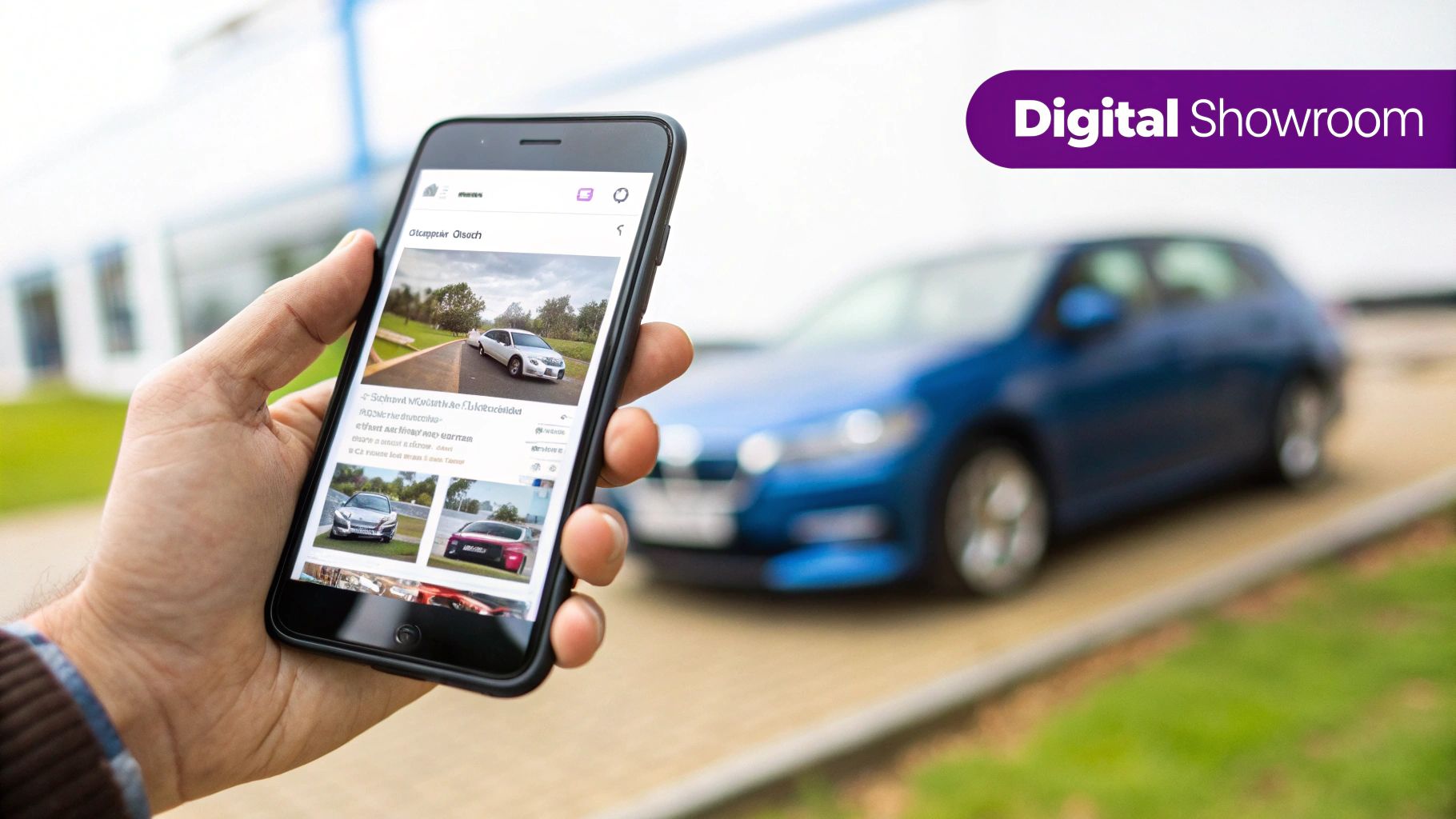 A person holds a smartphone displaying a digital car showroom app, with a blue car in the background.