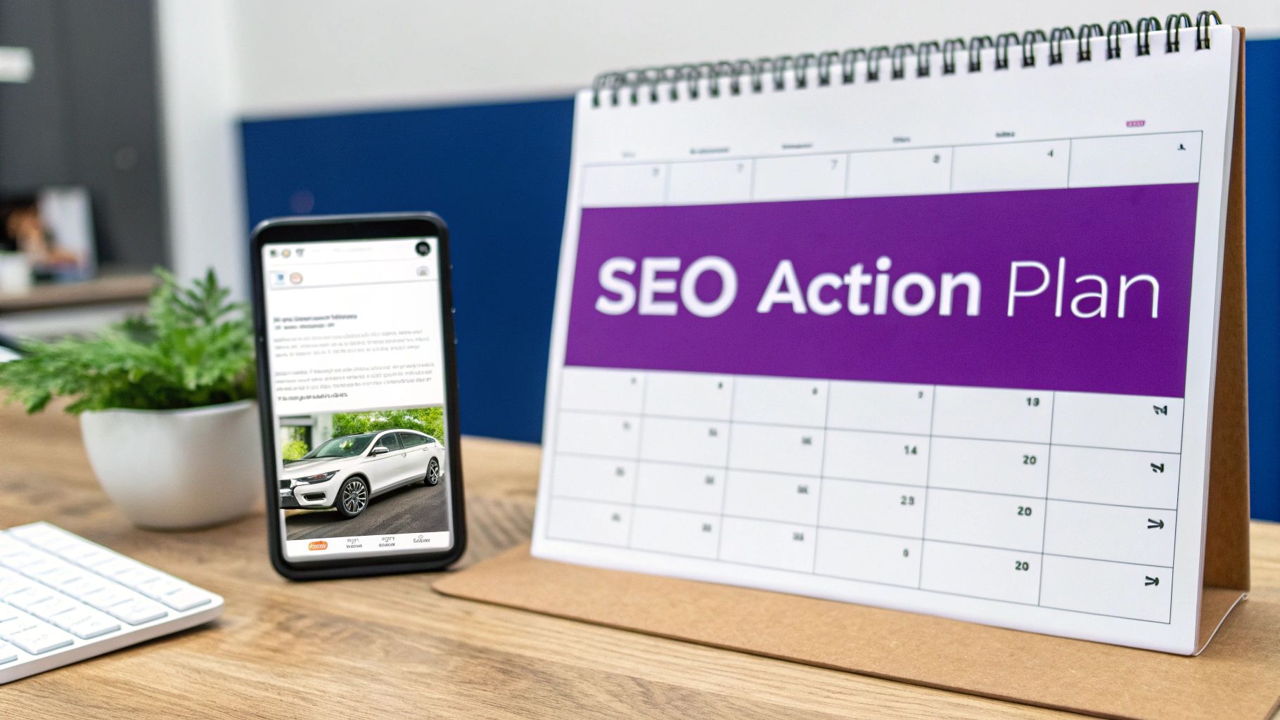 A desktop calendar displays an 'SEO Action Plan' next to a smartphone showing an article with a white car.
