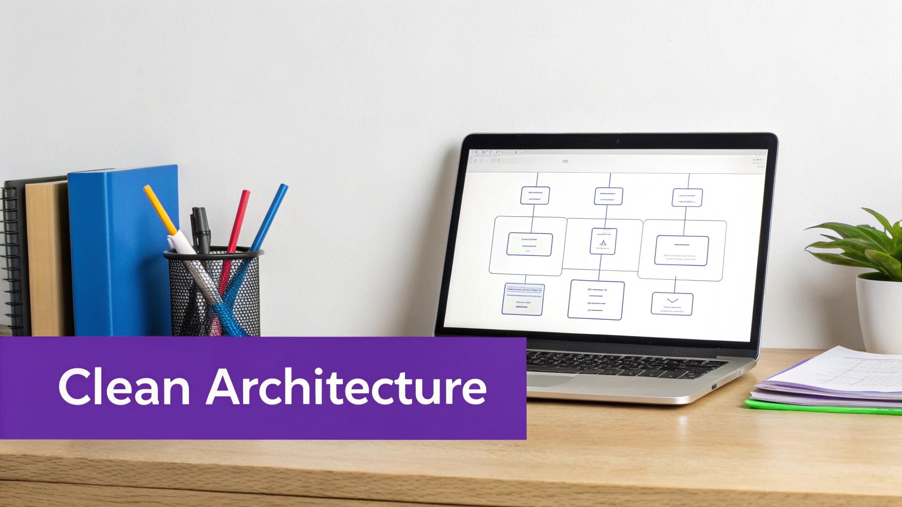 A laptop on a wooden desk displays a 'Clean Architecture' diagram, next to books, pens, and a plant.