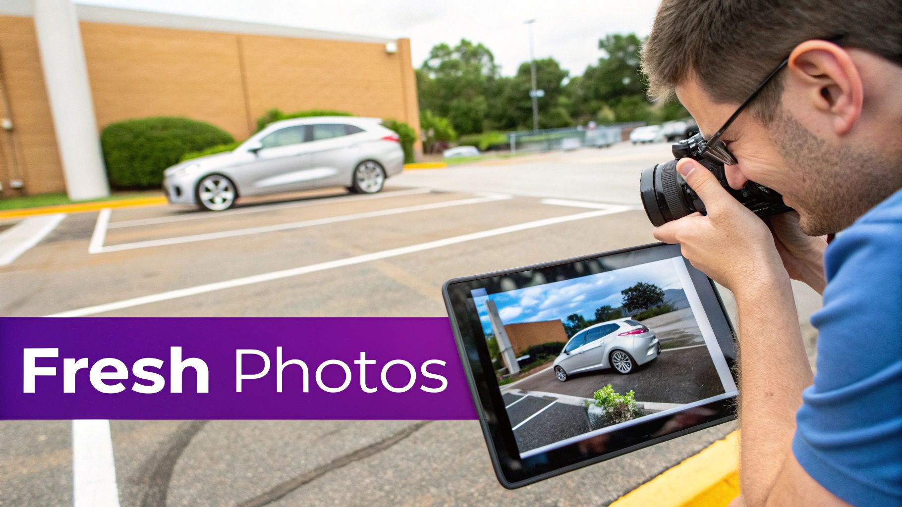 A man takes a photo of a silver car in a parking lot, viewing the shot on a tablet.