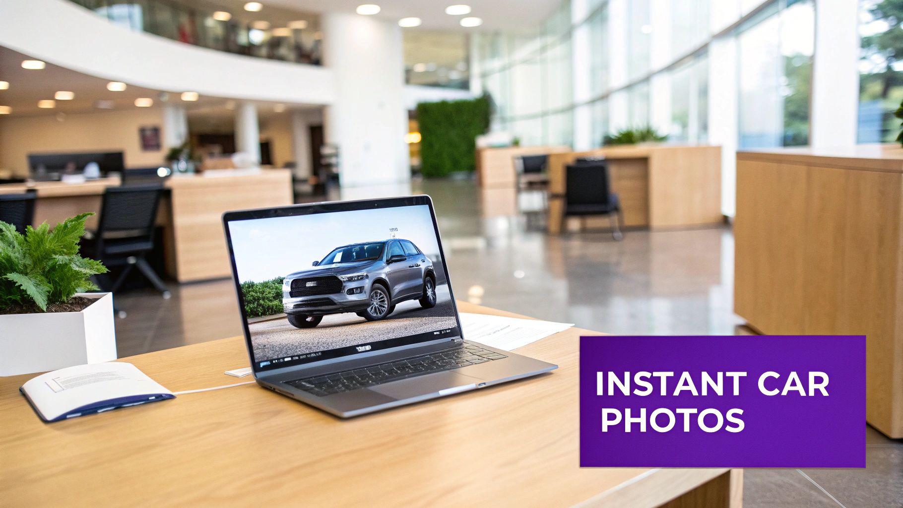 A laptop on a wooden desk displaying a silver SUV photo, with 'INSTANT CAR PHOTOS' text overlay.