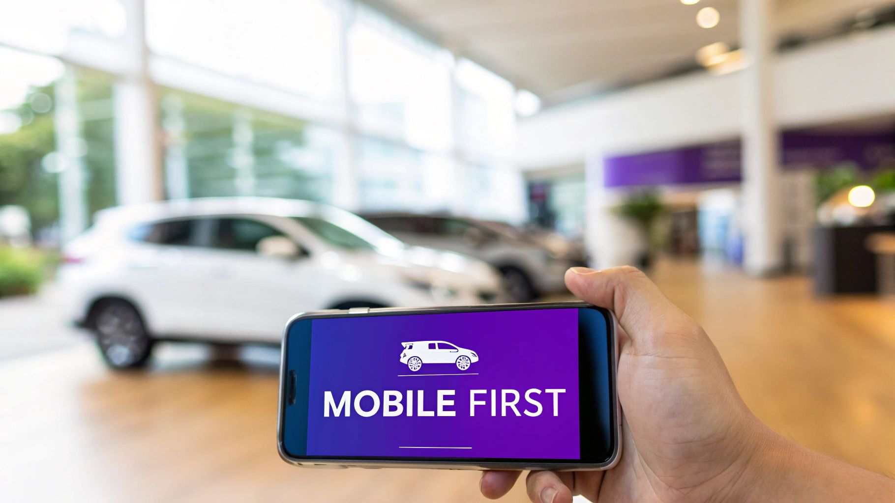 A hand holds a smartphone displaying 'MOBILE FIRST' with a car icon, blurred car dealership in background.