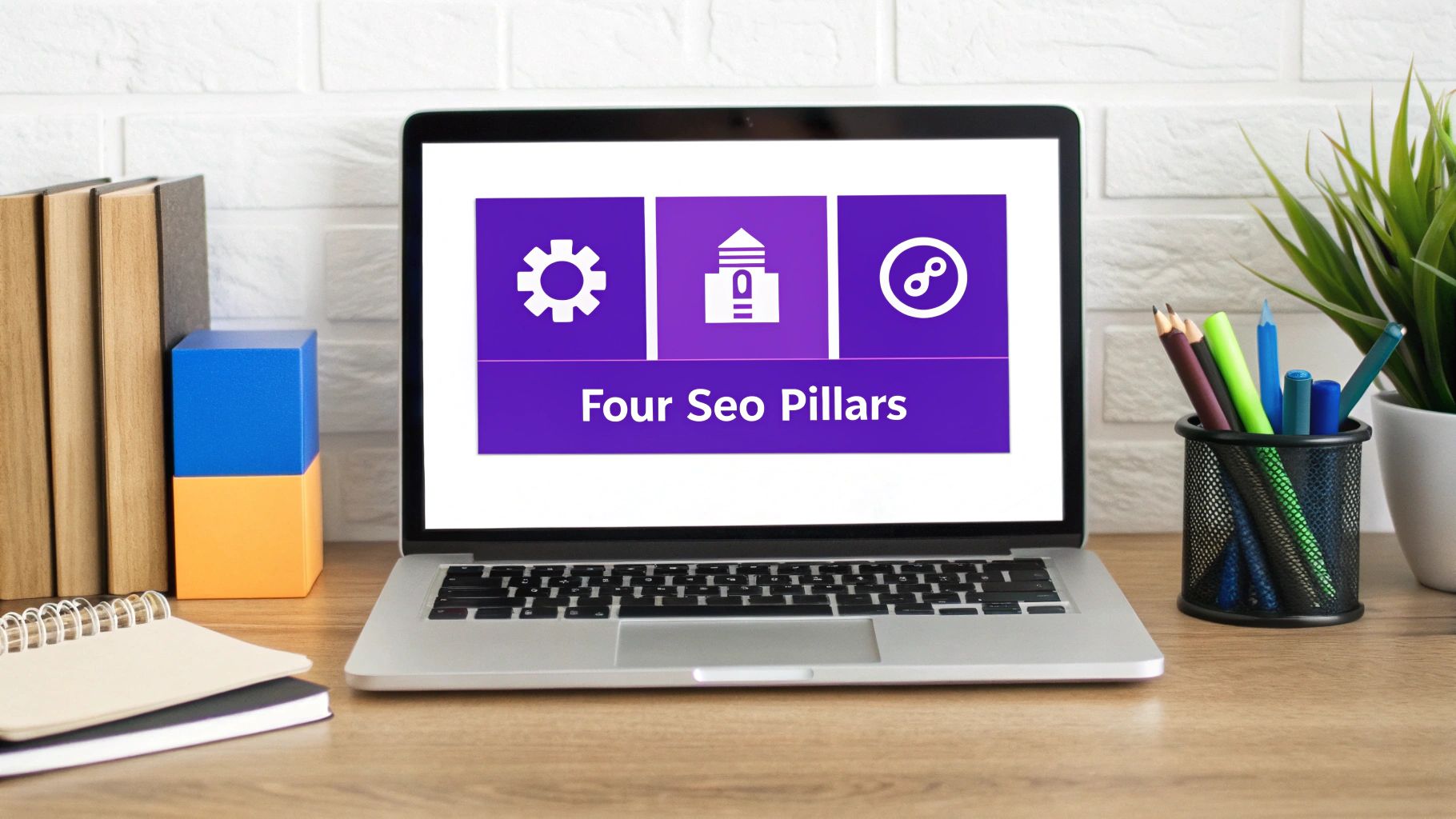 A laptop screen displays 'Four Seo Pillars' with icons, surrounded by office supplies on a wooden desk.