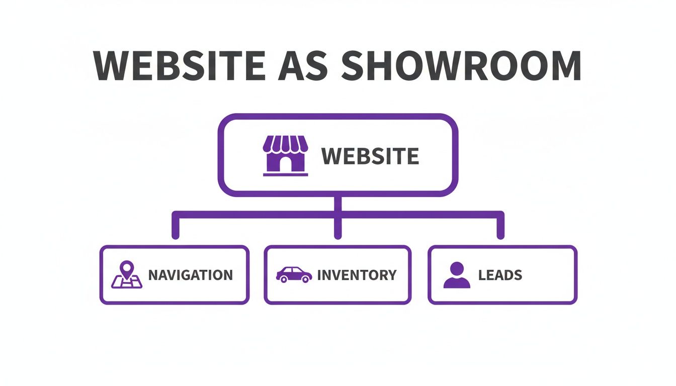 Diagram illustrating a website as a digital showroom, detailing navigation, inventory, and lead generation.