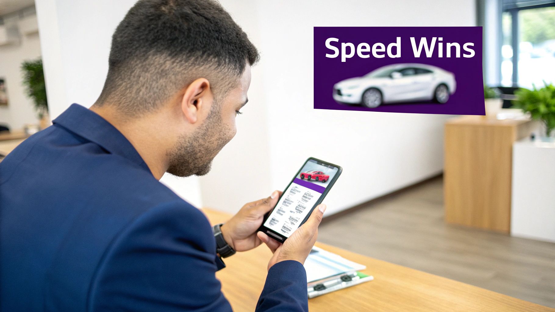 Man viewing a red sports car on his smartphone, with a 'Speed Wins' sign in the background.