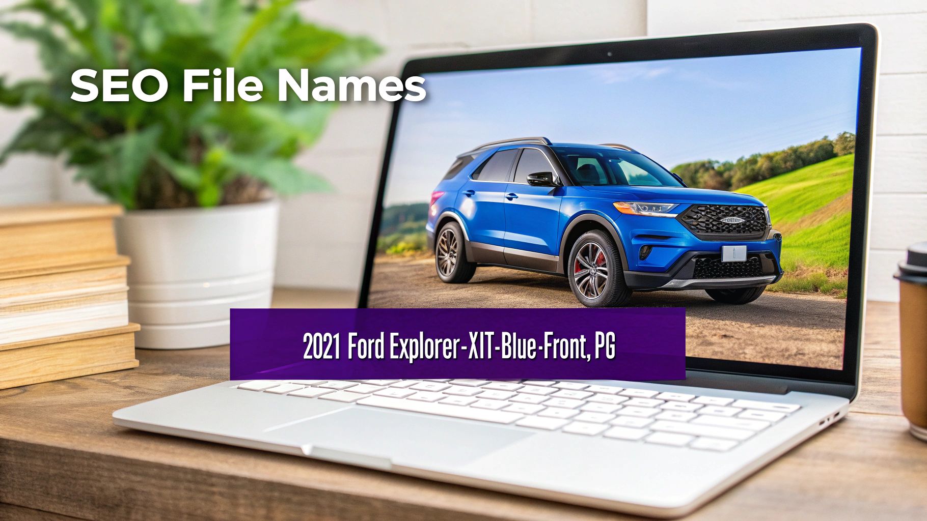 Laptop screen displaying a blue 2021 Ford Explorer and an example of an SEO file name.