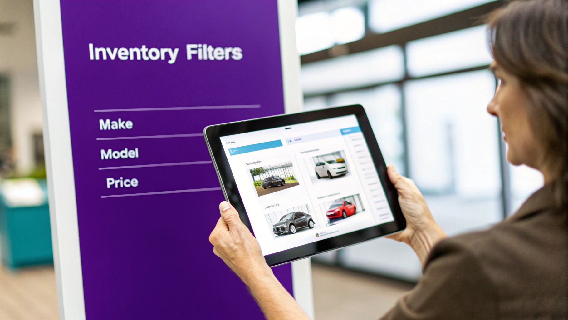 A person uses a tablet to browse car inventory with digital filters for make, model, and price.