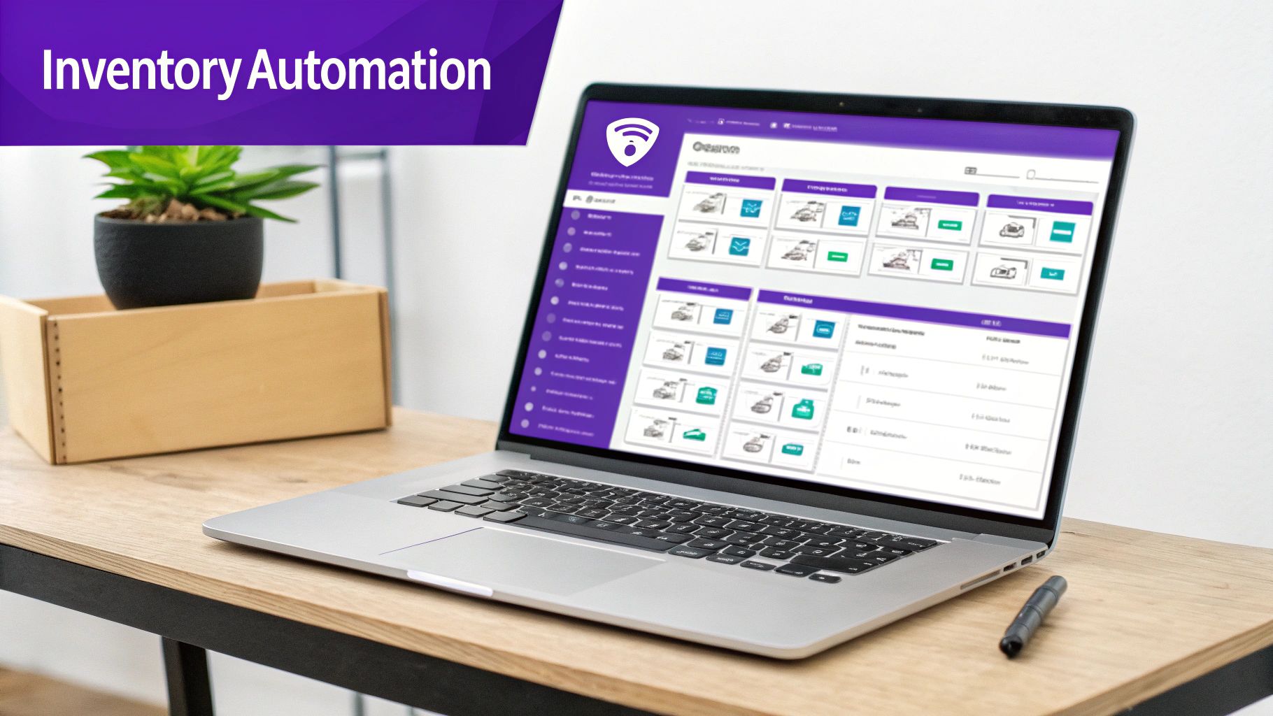 Modern laptop showcasing inventory automation software for efficient management on a wooden desk.