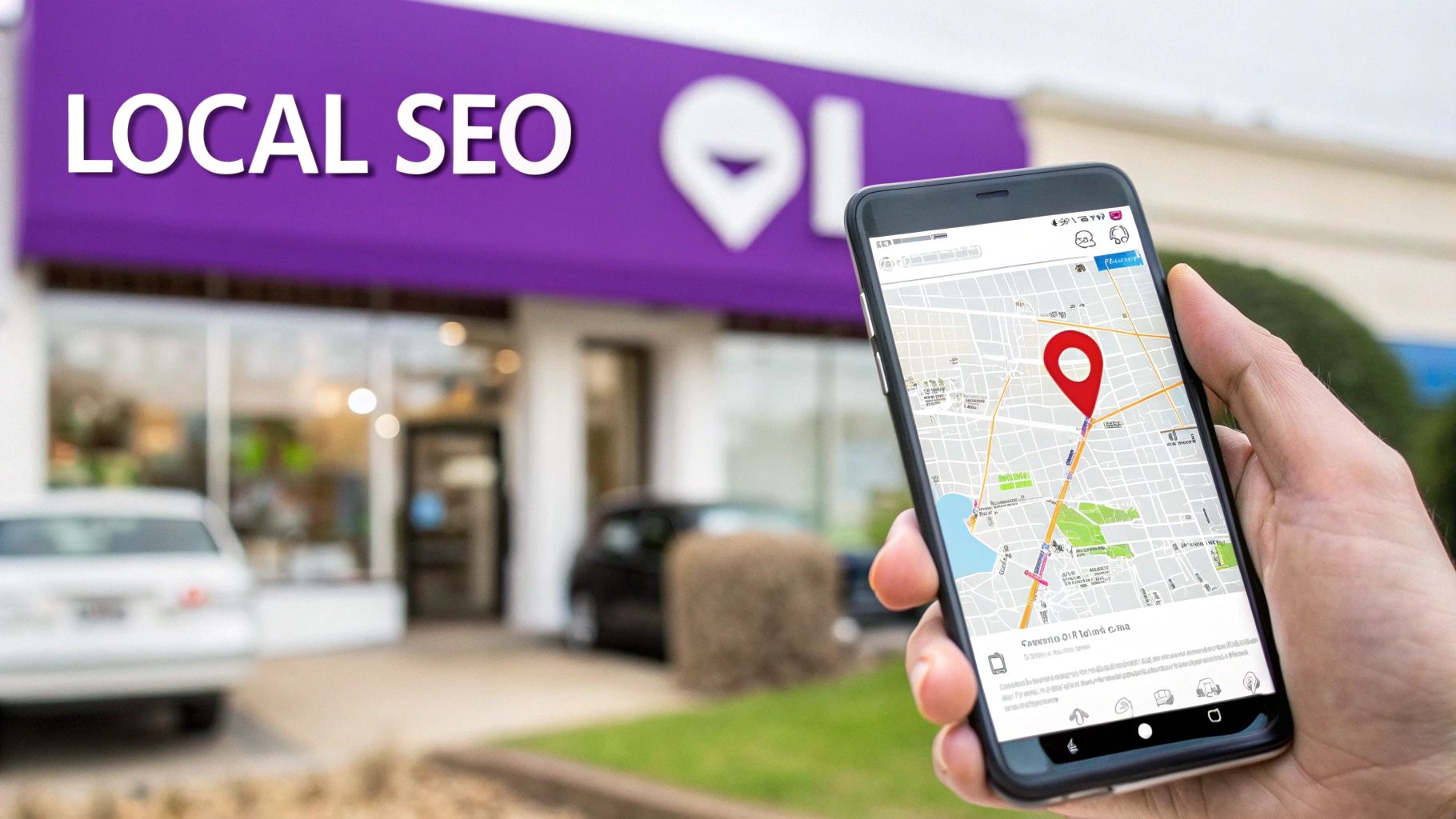 A hand holds a smartphone displaying a map with a red location pin, against a blurred storefront with a 'LOCAL SEO' sign.