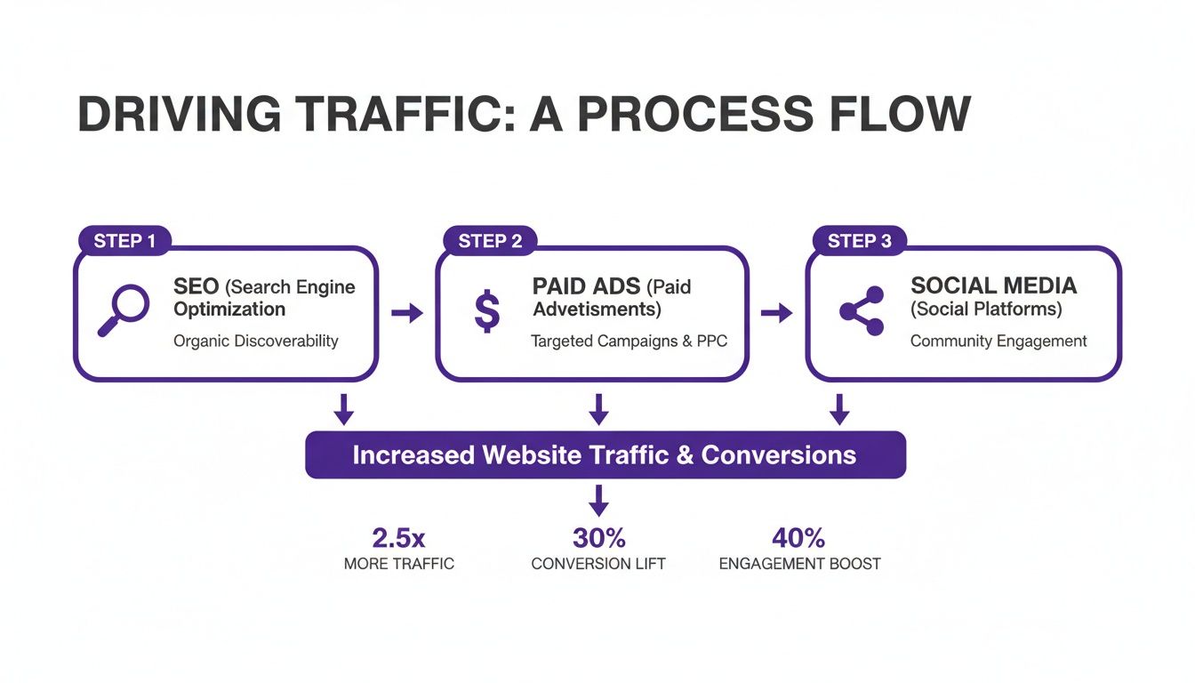 Process flow diagram detailing SEO, Paid Ads, and Social Media steps to increase website traffic and conversions.