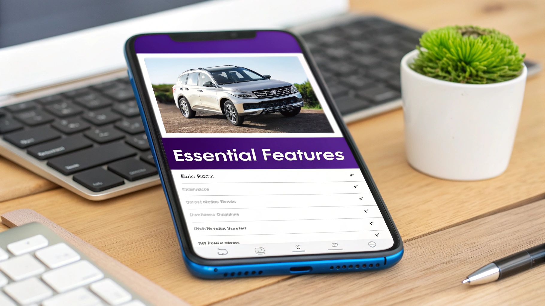 A smartphone displays a silver SUV image and 'Essential Features' on a wooden desk with a laptop.