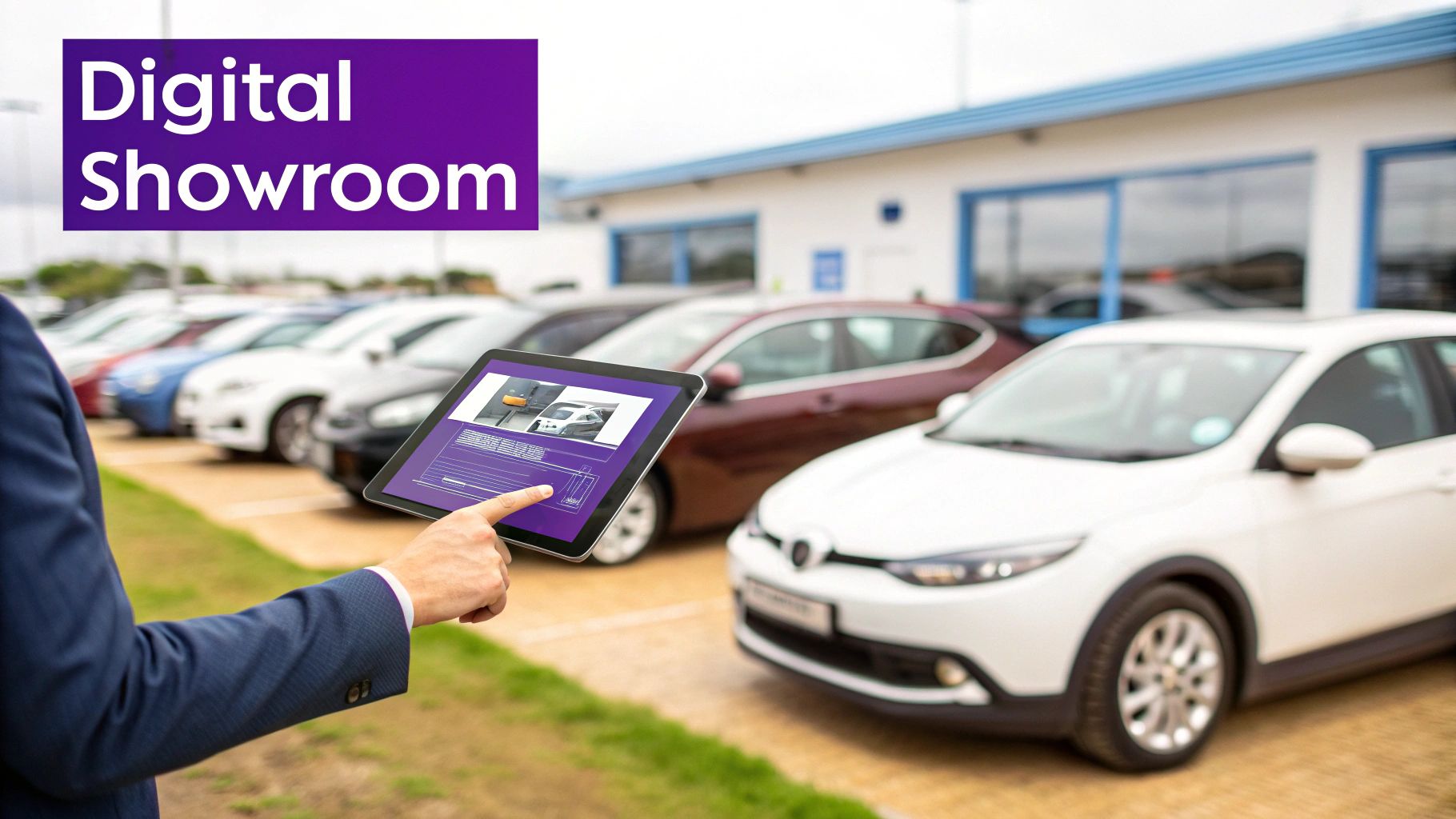 A hand interacts with a tablet displaying a digital car showroom, with vehicles on a dealership lot.