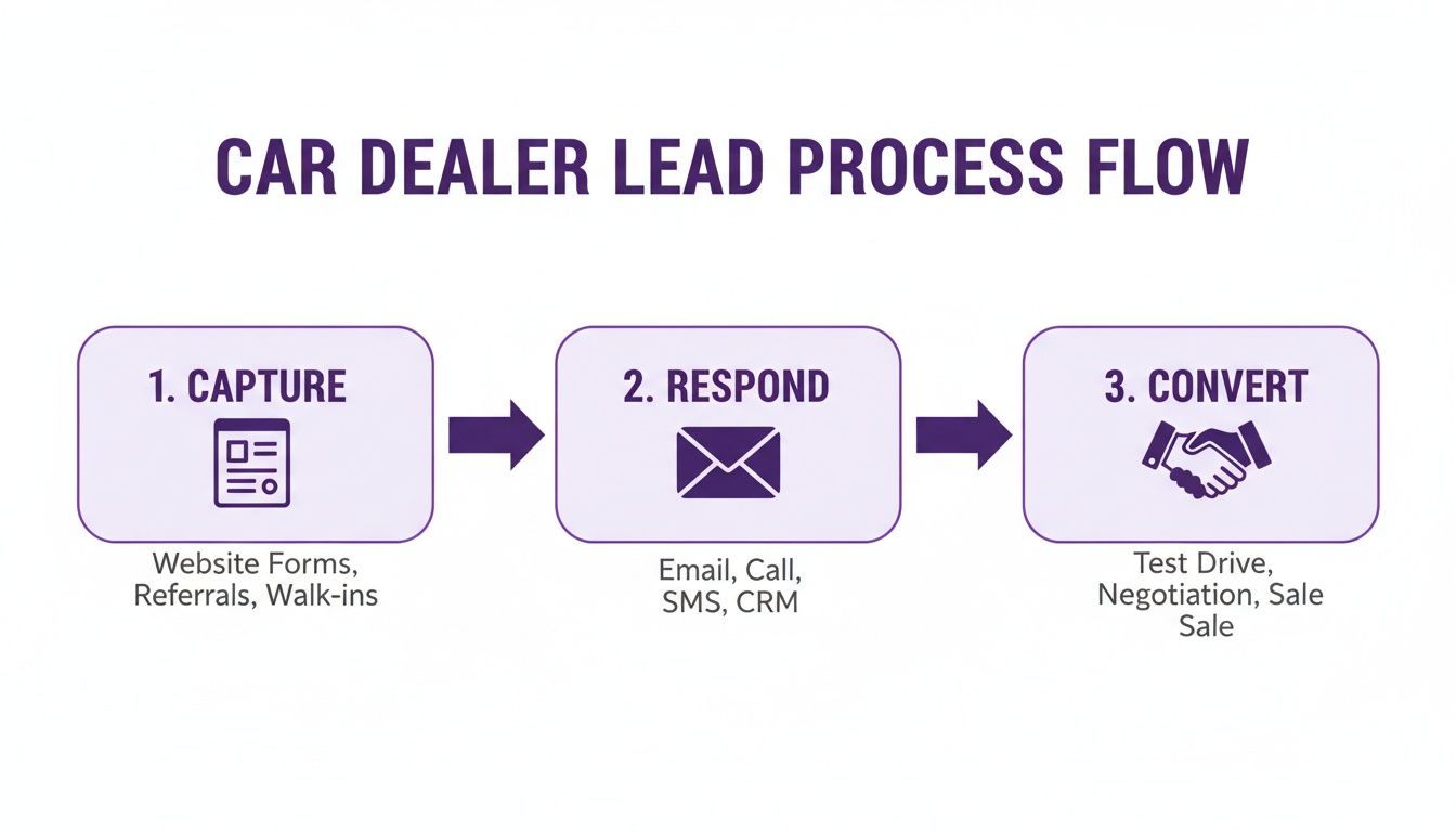 A car dealer lead process flow diagram illustrating capture, respond, and convert stages.