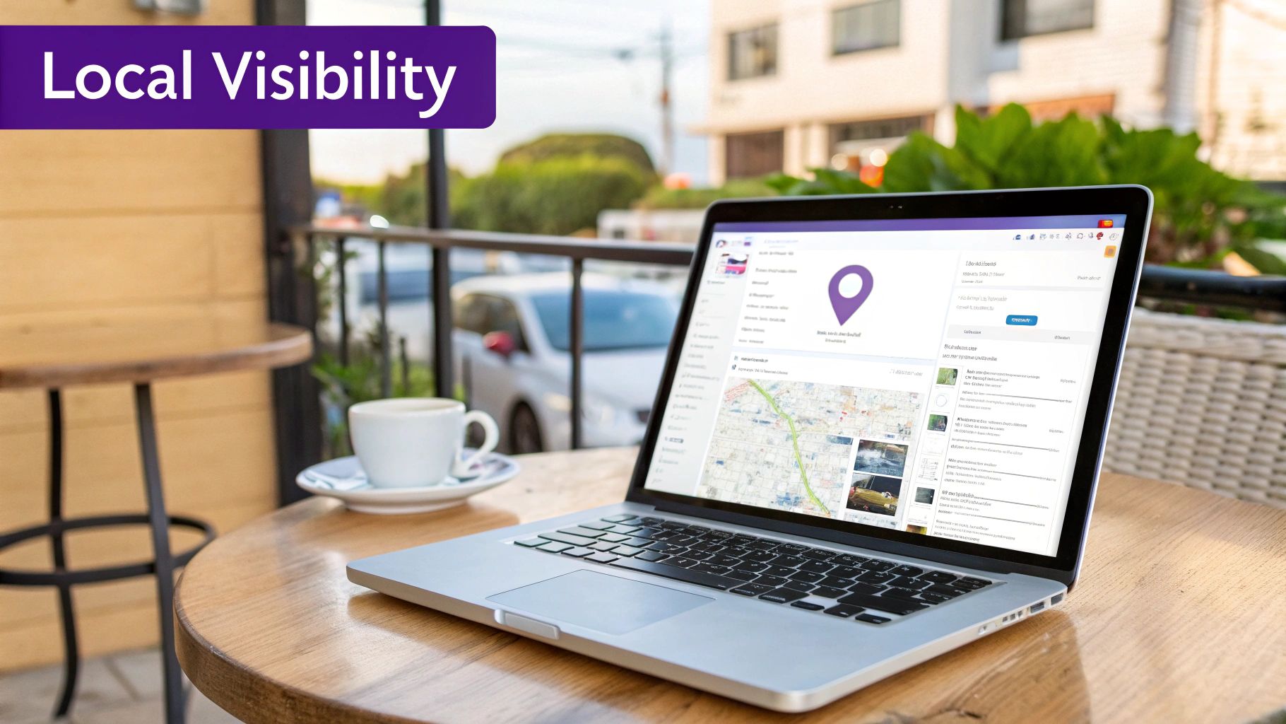 A laptop on a wooden table displaying a local business map and a "Local Visibility" banner.