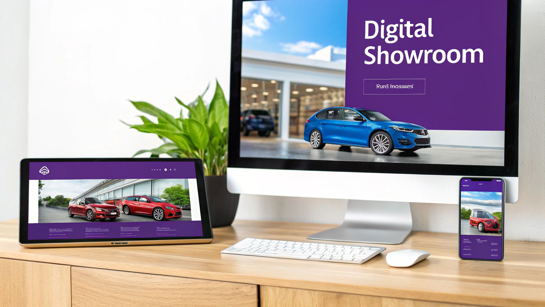 Multiple devices on a desk, including a monitor, tablet, and smartphone, showcasing a digital car showroom website.
