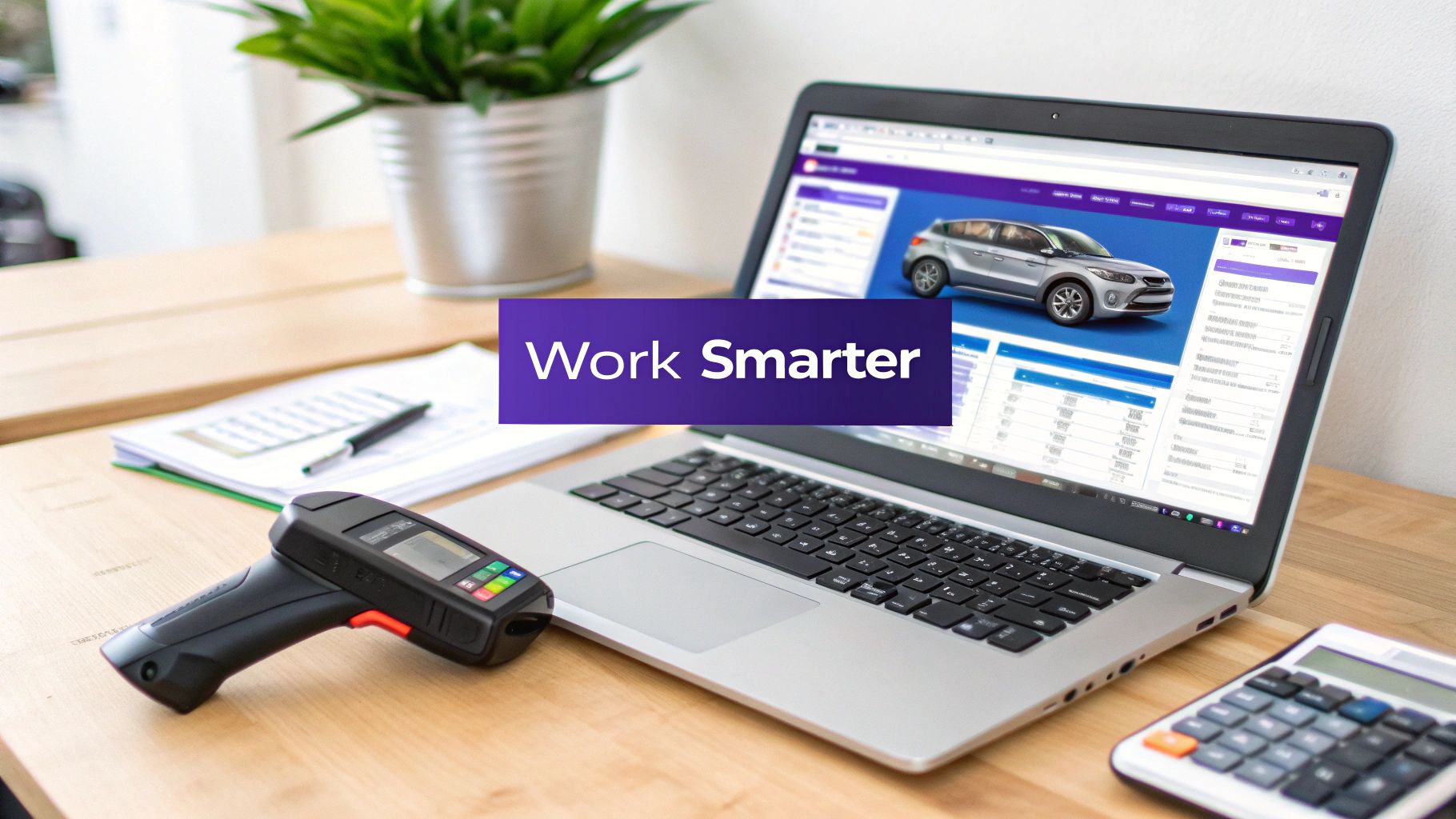 A desk setup with a laptop displaying car inventory, a scanner, documents, and a calculator, with a 'Work Smarter' banner.