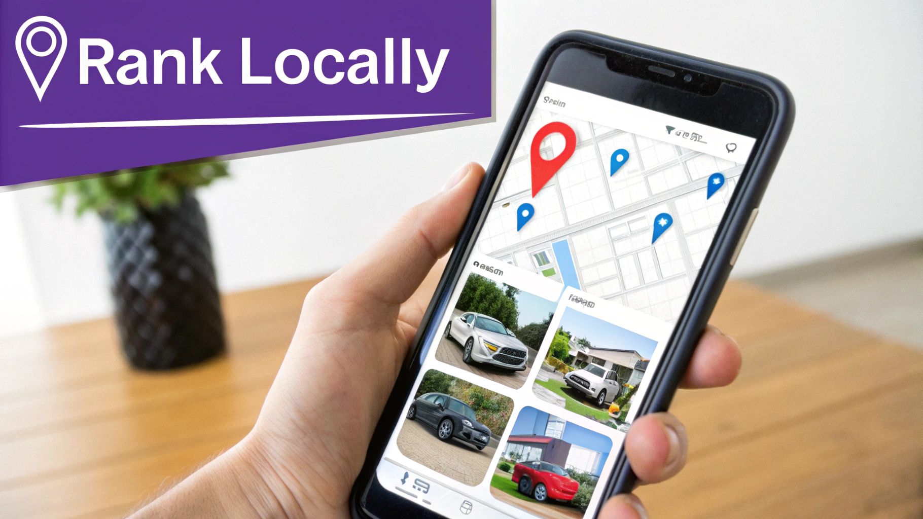 Hand holding a smartphone displaying a local map app with car listings and location pins, next to 'Rank Locally' text.