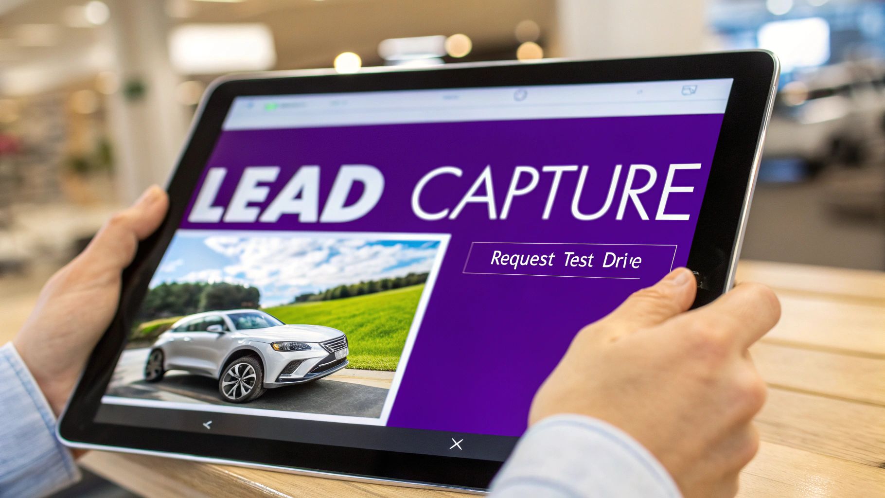 Hands holding a tablet displaying a car dealership lead capture page with a silver SUV and test drive button.