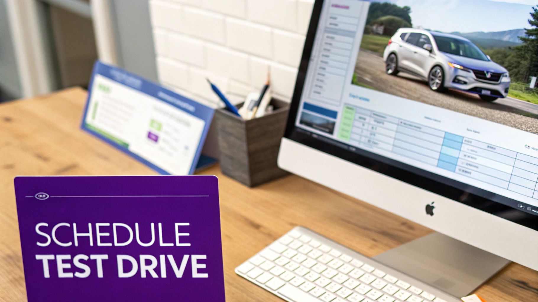 Modern car dealership office with a computer displaying a car and a 'Schedule Test Drive' sign.