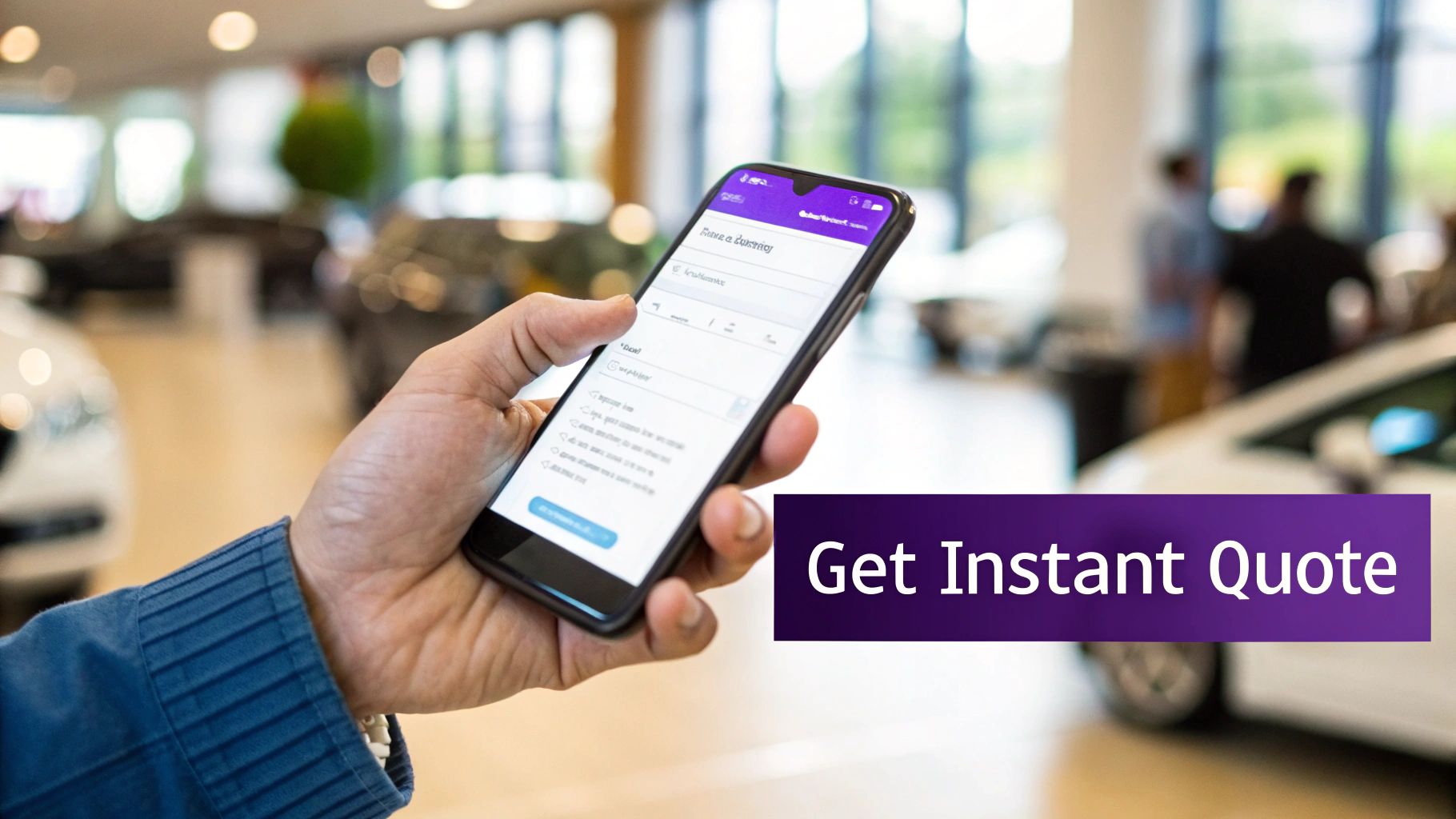 Hand holding a smartphone displaying an instant quote application in a car dealership, with text 'Get Instant Quote'.