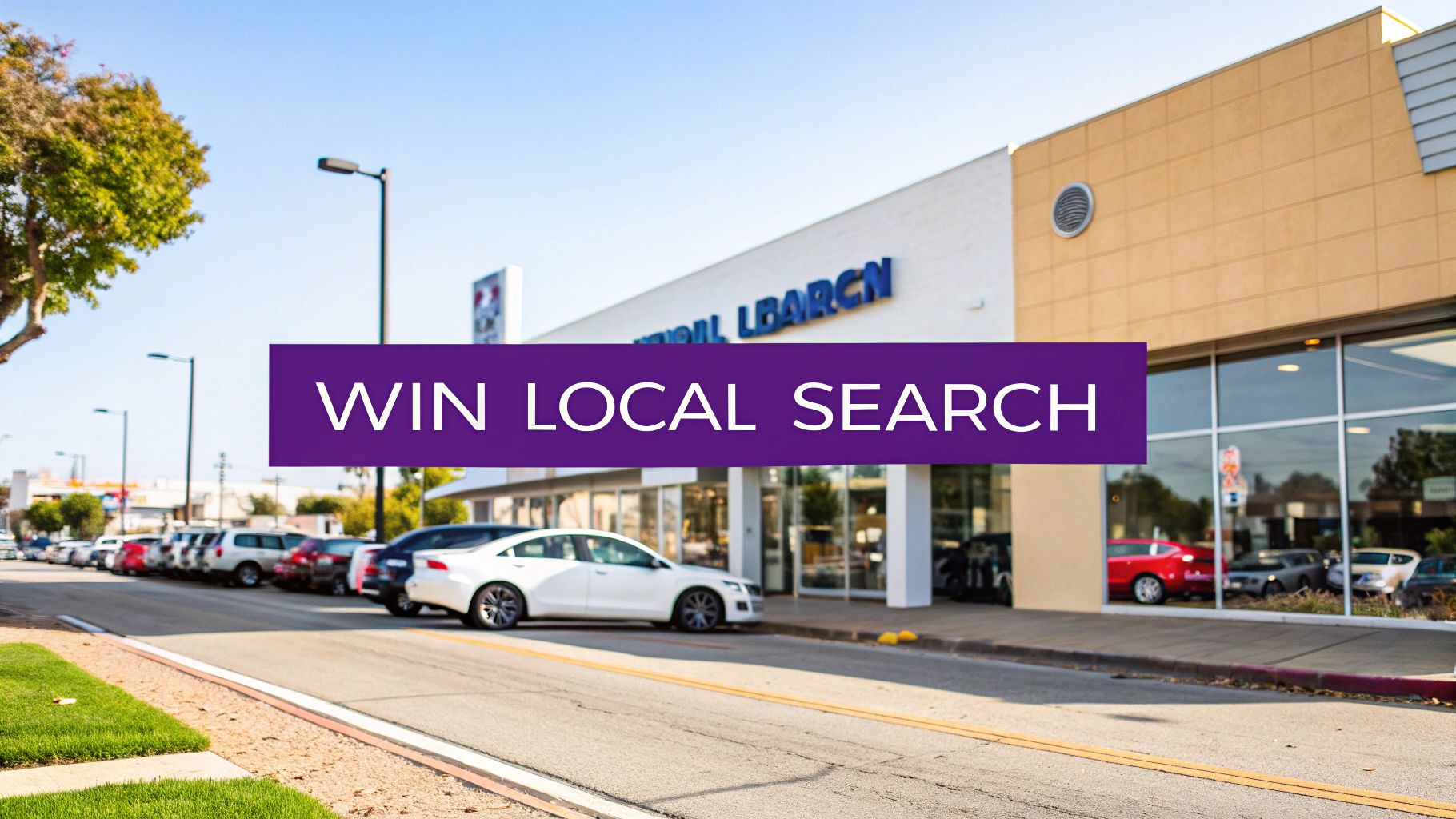A vibrant street scene outside a car dealership with parked cars, featuring a purple banner promoting 'WIN LOCAL SEARCH'.