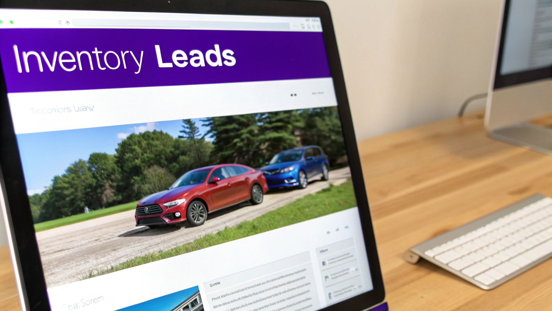 A laptop screen displays a website titled 'Inventory Leads' featuring a red car and a blue car.