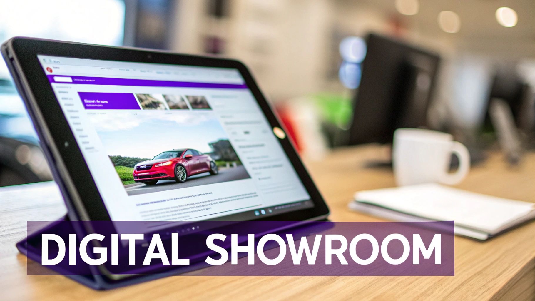 A tablet displays a red car on a digital showroom website, with 'DIGITAL SHOWROOM' text overlay.