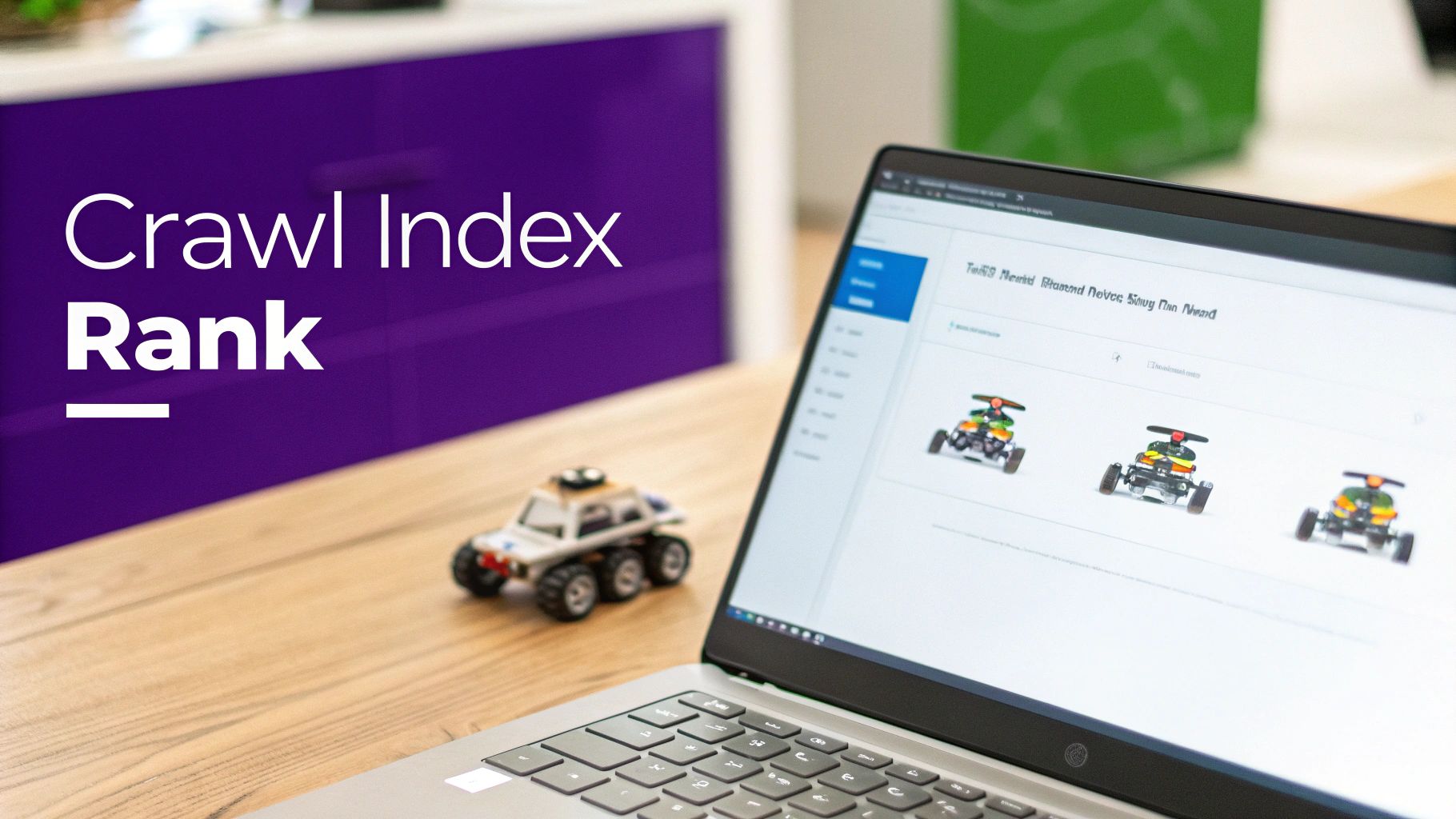 A laptop displaying toy cars on a desk, with 'Crawl Index Rank' text in the background.
