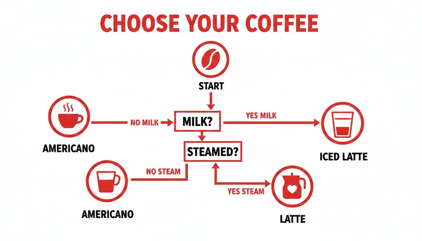 Flowchart guiding coffee choices based on milk and steaming, leading to Americano, Iced Latte, or Latte.