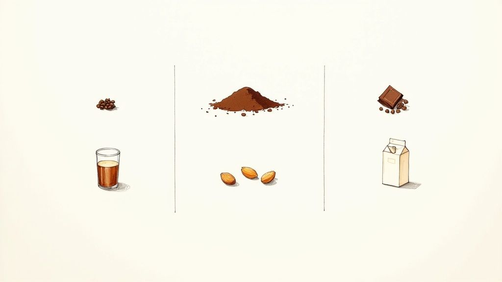 Three bowls containing coffee beans, chocolate chunks, and a pitcher of milk, arranged artfully on a dark wooden surface.