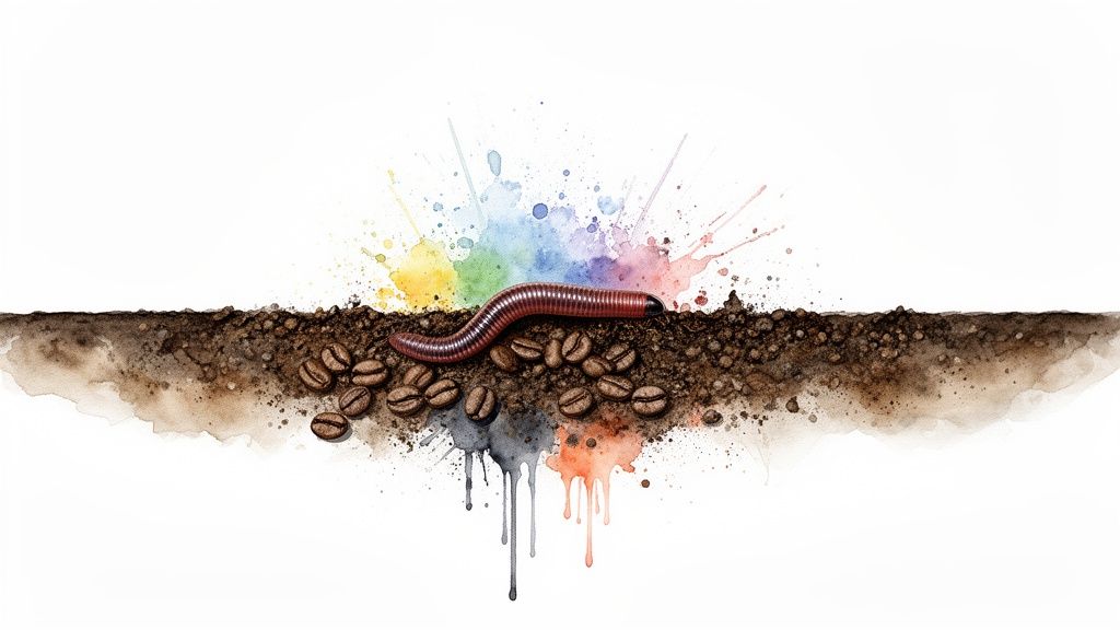 A millipede on soil with coffee beans and colorful watercolor splatters and drips.