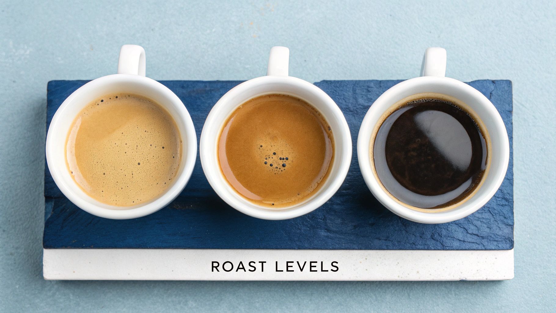 Close-up of three bowls showing light, medium, and dark roast coffee beans.