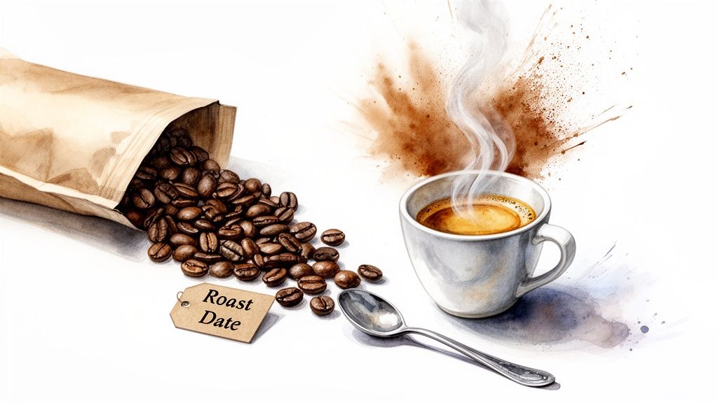 Roasted coffee beans spilling from a brown bag next to a steaming cup of coffee and a 'Roast Date' tag.
