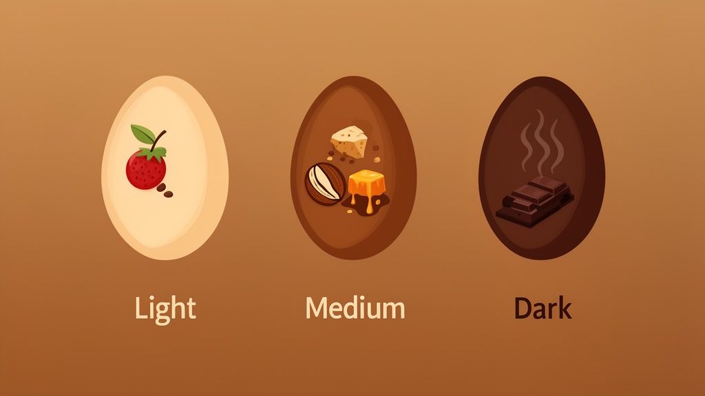 Illustration of coffee roast levels: light (strawberry), medium (coffee, caramel), and dark (chocolate).