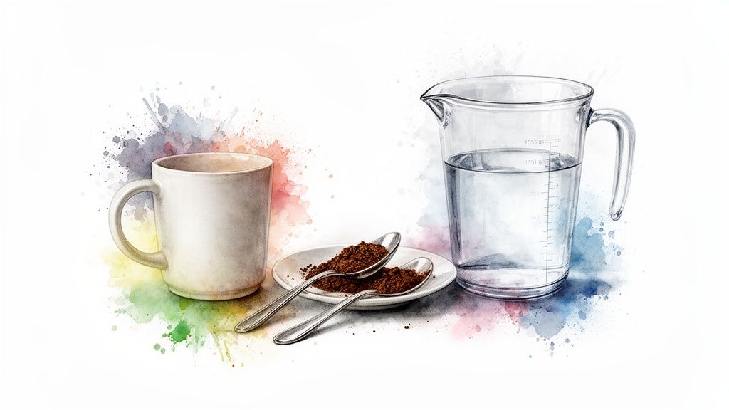 Ingredients for making coffee: a mug, ground coffee on spoons, and water in a measuring cup.