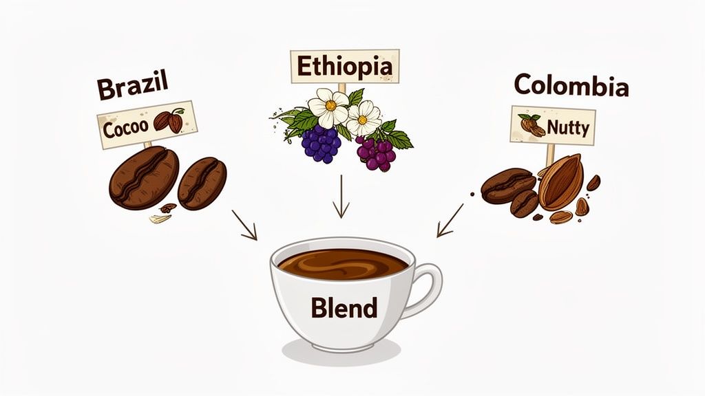 Illustration of coffee beans from Brazil (cocoa), Ethiopia (floral/fruity), and Colombia (nutty) blending into a cup.