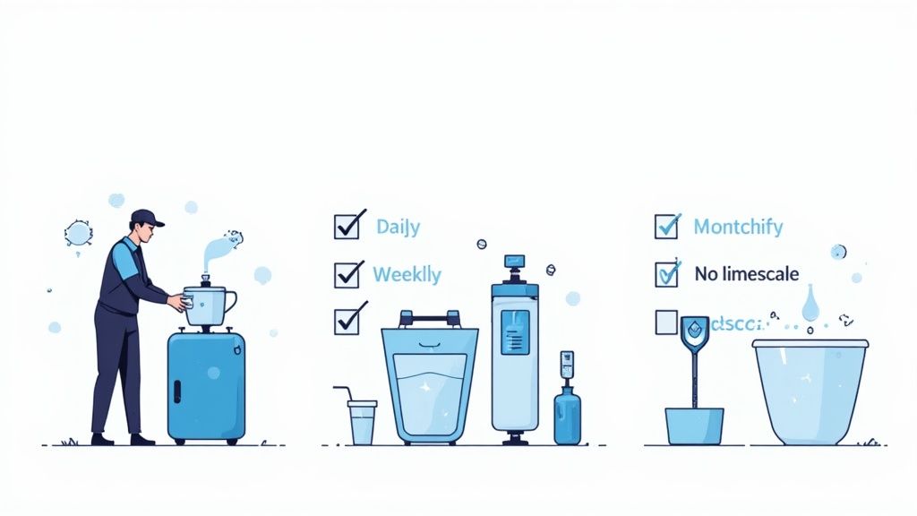 Digital illustration showing water maintenance activities, filters, and checklist items like 'Daily' and 'No limescale'.
